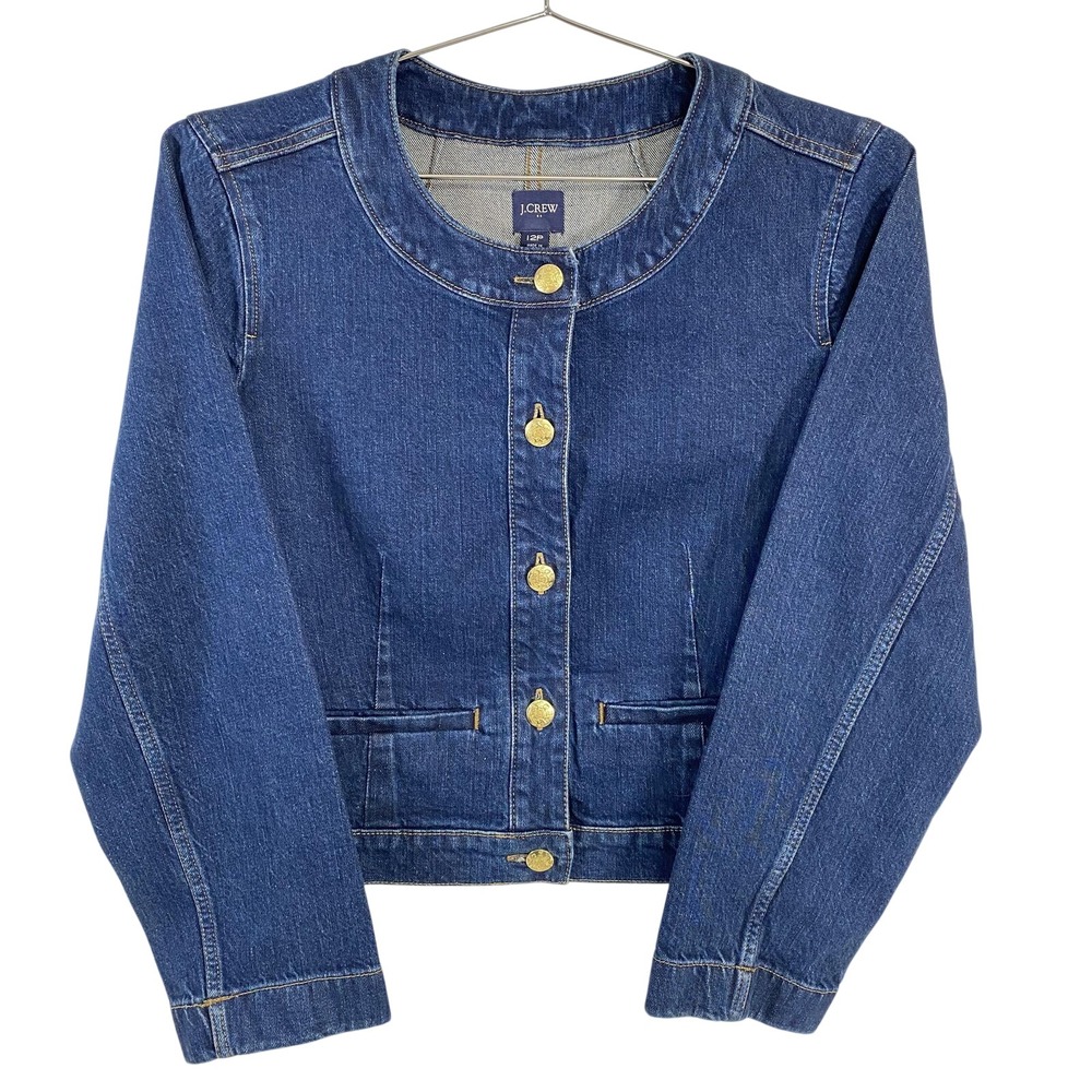 J.Crew Jacket Womens 12P Blue Denim Jean Collarless Gold Button Petite CB329